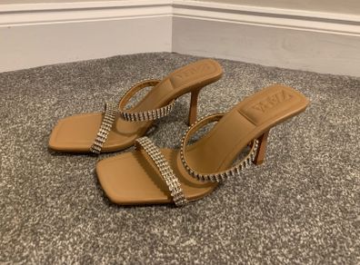 Zara Nude Diamond Square Toe Heels