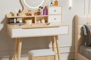 Dressing Table with Round Mirror and Lights, Small Vanity Desk with Stool