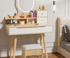 Dressing Table with Round Mirror and Lights, Small Vanity Desk with Stool