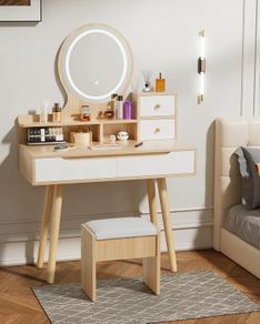 Dressing Table with Round Mirror and Lights, Small Vanity Desk with Stool