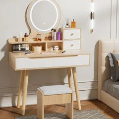 Dressing Table with Round Mirror and Lights, Small Vanity Desk with Stool
