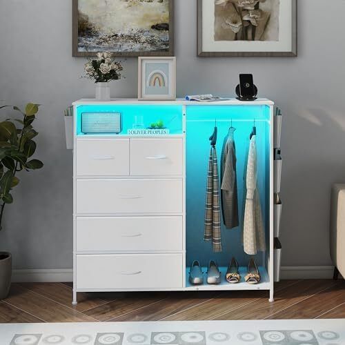 5 Drawer Dresser with Clothes Rail LED Lights Charging Station Storage Chest with Side Pockets