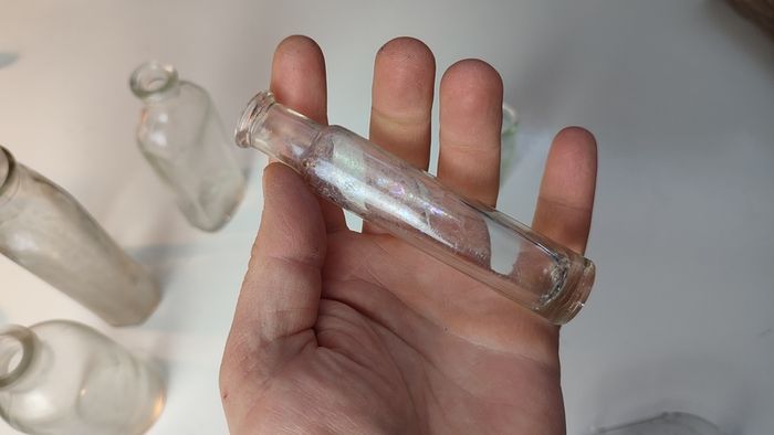 162 - Set of 5 Vintage Clear Glass Decorative Collectible Cork Top Bottles