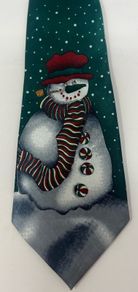 Dark Green Christmas Tie With Snowman with snow falling design. New in packaging.