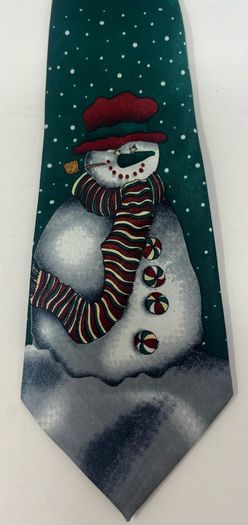 Dark Green Christmas Tie With Snowman with snow falling design. New in packaging.