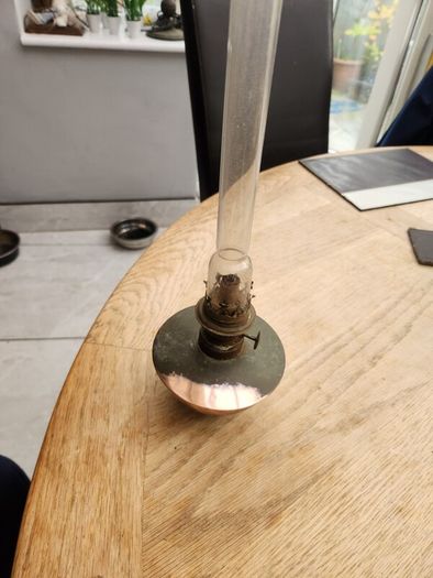 Victorian copper lamp on bun feet with chimney