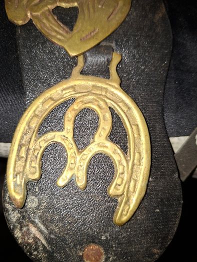 Set of Five Old Brass Horse Medallions on a black strap, Postage Available,