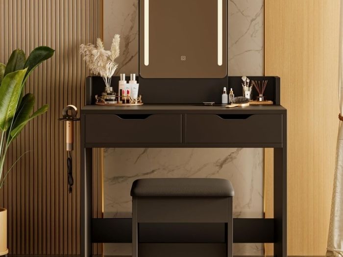 Dressing Table with Stool, Vanity Desk with Touch Control LED Mirror (3 Color Modes), 2 Drawers & Hair Dryer Holder, Modern Makeup Desk for Bedroom, Black