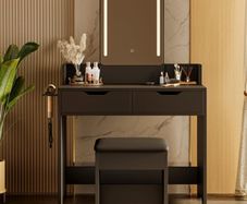 Dressing Table with Stool, Vanity Desk with Touch Control LED Mirror (3 Color Modes), 2 Drawers & Hair Dryer Holder, Modern Makeup Desk for Bedroom, Black