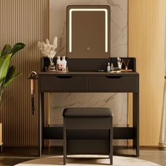 Dressing Table with Stool, Vanity Desk with Touch Control LED Mirror (3 Color Modes), 2 Drawers & Hair Dryer Holder, Modern Makeup Desk for Bedroom, Black
