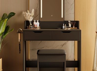 Dressing Table with Stool, Vanity Desk with Touch Control LED Mirror (3 Color Modes), 2 Drawers & Hair Dryer Holder, Modern Makeup Desk for Bedroom, Black