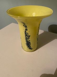 Yellow and blue Vintage hand blown  glass vase