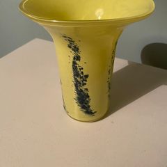 Yellow and blue Vintage hand blown  glass vase
