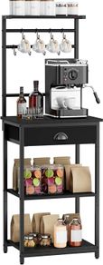 5 Tier Coffee Bar Station, Coffee Stand with Fabric Drawers, 8 S-Shaped Hooks, Corner Bar Cabinet, Height Adjustable, Bakers Rack for Kitchen, Living Room, Black