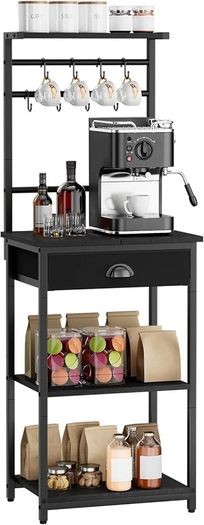 5 Tier Coffee Bar Station, Coffee Stand with Fabric Drawers, 8 S-Shaped Hooks, Corner Bar Cabinet, Height Adjustable, Bakers Rack for Kitchen, Living Room, Black