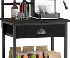 5 Tier Coffee Bar Station, Coffee Stand with Fabric Drawers, 8 S-Shaped Hooks, Corner Bar Cabinet, Height Adjustable, Bakers Rack for Kitchen, Living Room, Black
