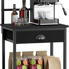 5 Tier Coffee Bar Station, Coffee Stand with Fabric Drawers, 8 S-Shaped Hooks, Corner Bar Cabinet, Height Adjustable, Bakers Rack for Kitchen, Living Room, Black