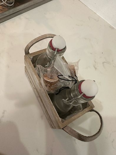 Rustic Wooden Bottle Carrier with 2 Glass Bottles