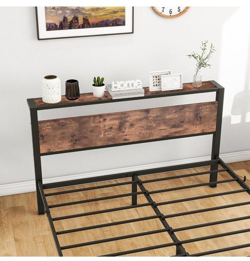 5ft King Metal Platform Bed Frame with Wooden Storage Shelf Headboard, 150x200 cm
