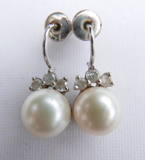 Vintage 14k Solid White Gold Round Bead Cultured Pearl Diamond Earrings 3,37g
