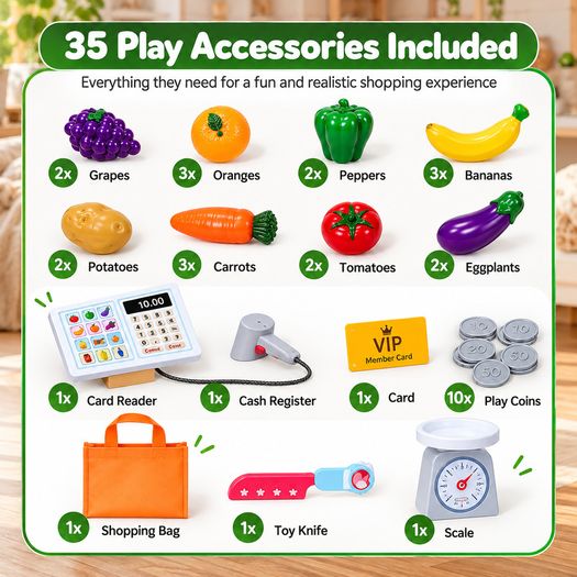 Kids Wooden Grocery Store Playset with Checkout Counter, Conveyor Belt and 35 Accessories