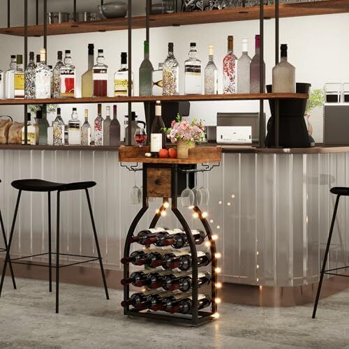 Wine Rack Freestanding Floor,Wine Storage 15 Bottles Bottle Rack with Glass Holders, Mini Bar Wine Cabinet with Storage Drawer