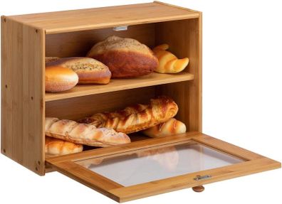 Bamboo Bread Box 2-Layer Large Capacity Countertop Bread Storage with Transparent Window, Suitable for Kitchen Or Dining Table Natural
