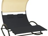 Double Sun Lounger with Canopy Textilene Black and Cream