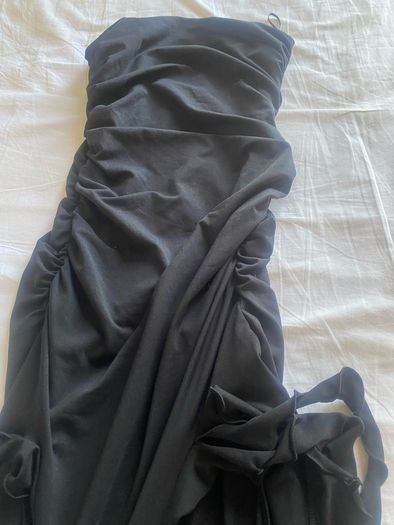 Black Strapless Ruched Maxi Dress with Cascading Ruffle Slit