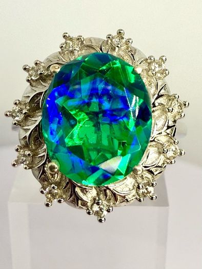 Peacock Triplet Quartz & White Zircon Ring