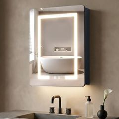 70x50cm Aluminum LED Bathroom Mirror Cabinets, 3 Color Light Modes & Defogger, Family-Friendly with 3 Storage Shelves, Moisture-Resistant Easy Assemble for Small Bathrooms/Rental Apartments