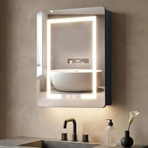 70x50cm Aluminum LED Bathroom Mirror Cabinets, 3 Color Light Modes & Defogger, Family-Friendly with 3 Storage Shelves, Moisture-Resistant Easy Assemble for Small Bathrooms/Rental Apartments