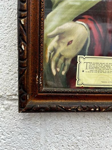 Antique Sacred Heart of Jesus Chromolithograph Framed c.1930s