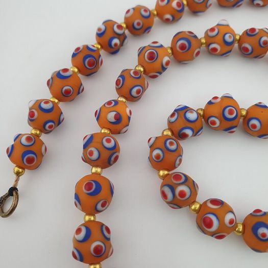 Antique Venetian Style Skunk Eyes Orange Glass Beads Necklace