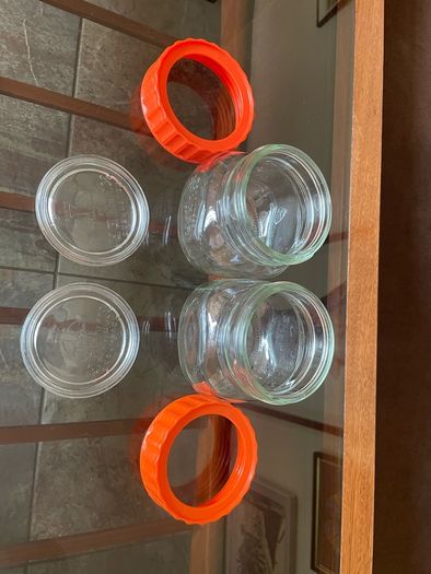 Pair Vintage 500ml 1970s Ravenhead Glass Kilner Jars With Orange Screw Lids