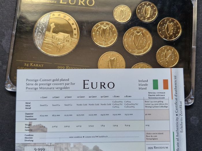 Prestige Ireland .999 Rhodium and 24k Gold Plated Coin Set 2002 + Proof Medal UNC Only 9,999 Set's