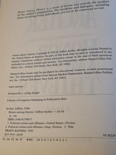 Honour Among Thieves. By Jeffry Archer. First Edition  1993.6.  First Reading. Hardback With Dustjacket In Good Condition.