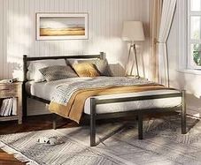 4ft6 Double Bed Frame with Headboard, Black Metal Bed Frame with Storage, Double Bed for Adults, Heavy Duty Platform Bed Frame, No Box Spring Needed