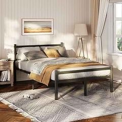 4ft6 Double Bed Frame with Headboard, Black Metal Bed Frame with Storage, Double Bed for Adults, Heavy Duty Platform Bed Frame, No Box Spring Needed