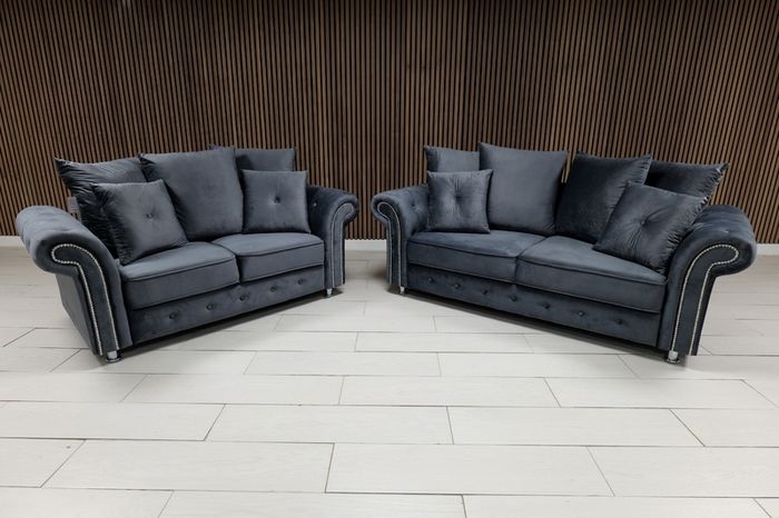 Olympia Grey Chester Arms Plush Velvet Fabric Sofa