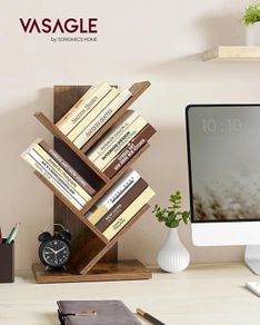 Tree Bookshelf, 5-Tier Floor Standing Bookcase, Space-Saving Corner Shelf, with Wooden Shelves for Bedroom, Living Room, Home Office, Rustic Brown