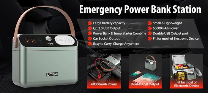 60000mAh 222Wh Jump Starter Power Bank Station PD 60W Portable Charger Car Booster Starting Device Outdoor
