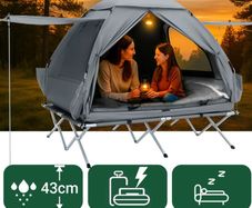 Complete Camping Set with Side Awnings Mattress  7-in-1 2 Person Outdoor Tent with Camp Bed, Mattress & Sleeping Bags Light Grey or Green