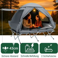 Complete Camping Set with Side Awnings Mattress  7-in-1 2 Person Outdoor Tent with Camp Bed, Mattress & Sleeping Bags Light Grey or Green
