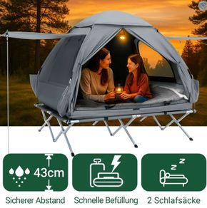 Complete Camping Set with Side Awnings Mattress  7-in-1 2 Person Outdoor Tent with Camp Bed, Mattress & Sleeping Bags Light Grey or Green