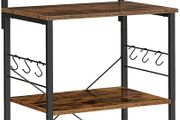 Kitchen shelf, standing shelf with 3 shelves, with 6 S-shaped hooks, industrial design, for microwave, cooking utensils, spices, pots and pans, vintage brown-black