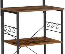 Kitchen shelf, standing shelf with 3 shelves, with 6 S-shaped hooks, industrial design, for microwave, cooking utensils, spices, pots and pans, vintage brown-black