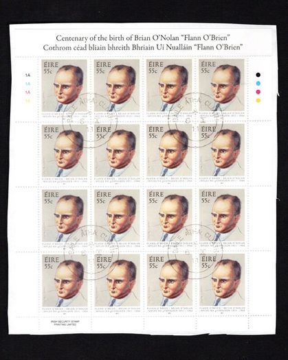 2011 Ireland Birth Centenary of Brian O'Nolan Commemorative Stamp Sheetlet Plate 1A1A1A1A Fine Used with Dublin cancel of 6th October 2011 (First day of issue) on envelope extract