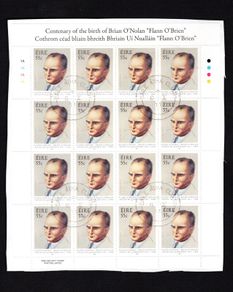 2011 Ireland Birth Centenary of Brian O'Nolan Commemorative Stamp Sheetlet Plate 1A1A1A1A Fine Used with Dublin cancel of 6th October 2011 (First day of issue) on envelope extract