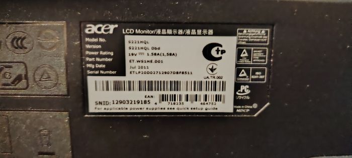 Acer 21.5 Inch Monitor (S221HQL)